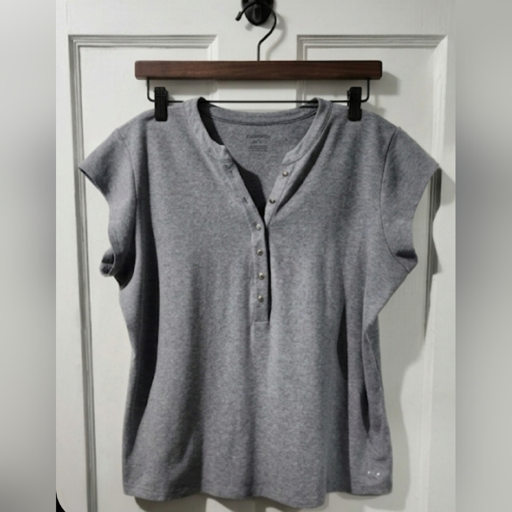 Calvin Klein Grey Cap Sleeve Henley Top Metallic Buttons Logo L